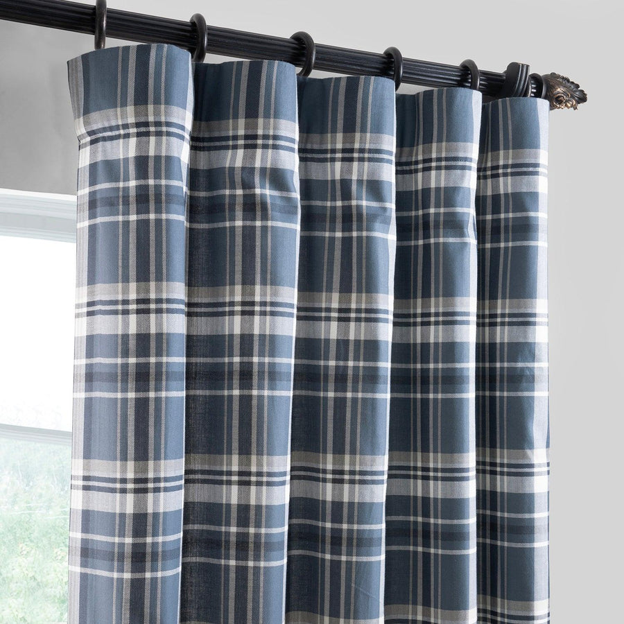 Classic Indigo Plaid Heritage Weave Cotton Room Darkening Curtain Pair (2 Panels) - HalfPriceDrapes.com