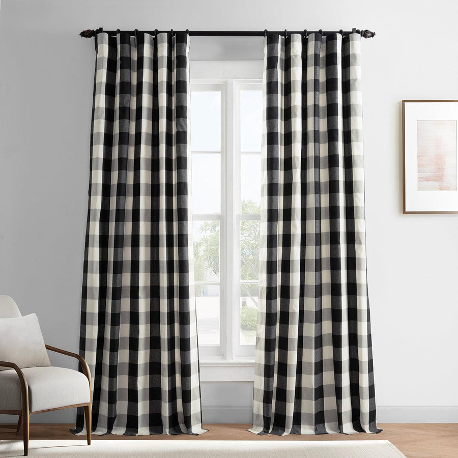 Black & White Buffalo Plaid Heritage Weave Cotton Room Darkening Curtain Pair (2 Panels) - HalfPriceDrapes.com