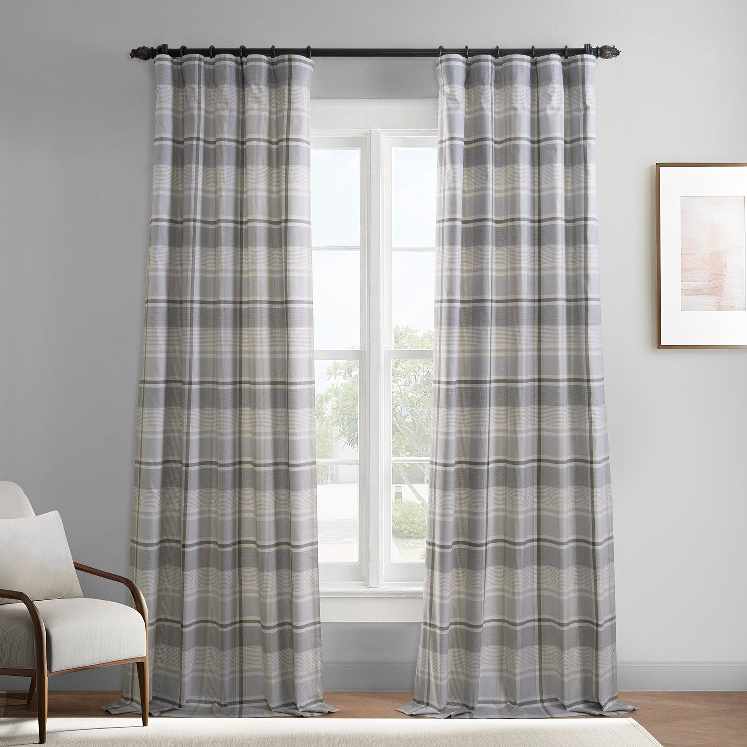 Misty Glen Grey Plaid Heritage Weave Cotton Room Darkening Curtain Pai