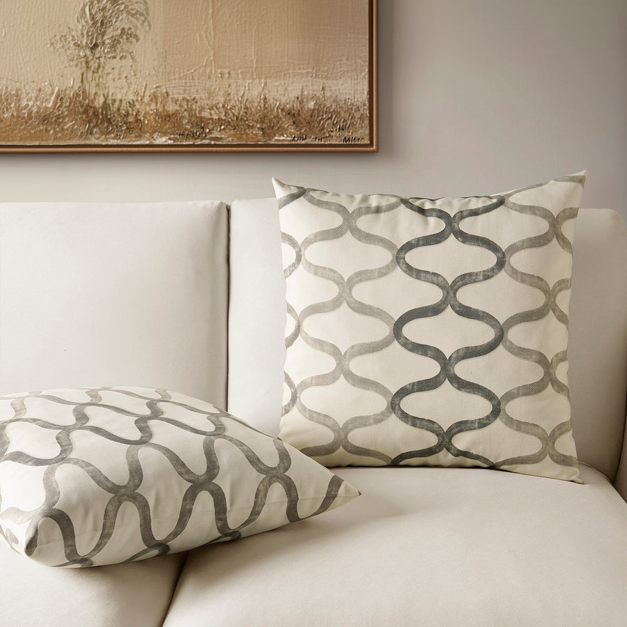 Illusions Silver Grey Geometric Printed Cotton Cushion Covers - Pair