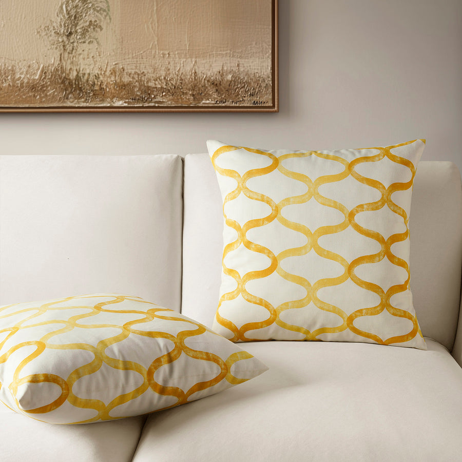 Illusions Yellow Geometric Printed Cotton Cushion Covers - Pair