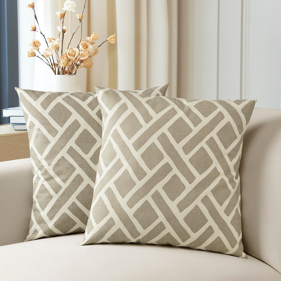 Martinique Taupe Geometric Printed Cotton Cushion Covers - Pair