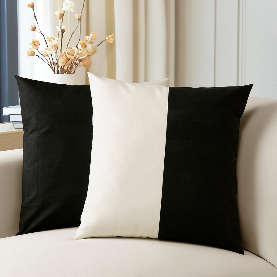 Onyx Black & Off White Striped Printed Cotton Cushion Covers - Pair