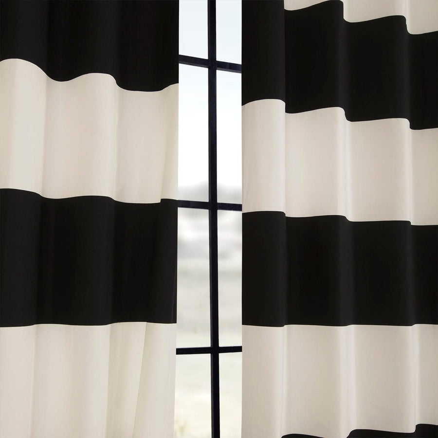 Onyx Black & Off White Horizontal Striped Striped Printed Cotton Custom Curtain