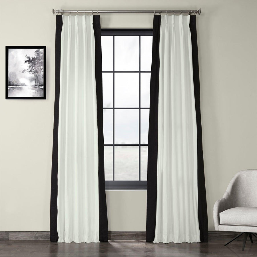 Fresh Popcorn & Black Bordered French Pleat Vertical Printed Cotton Curtain