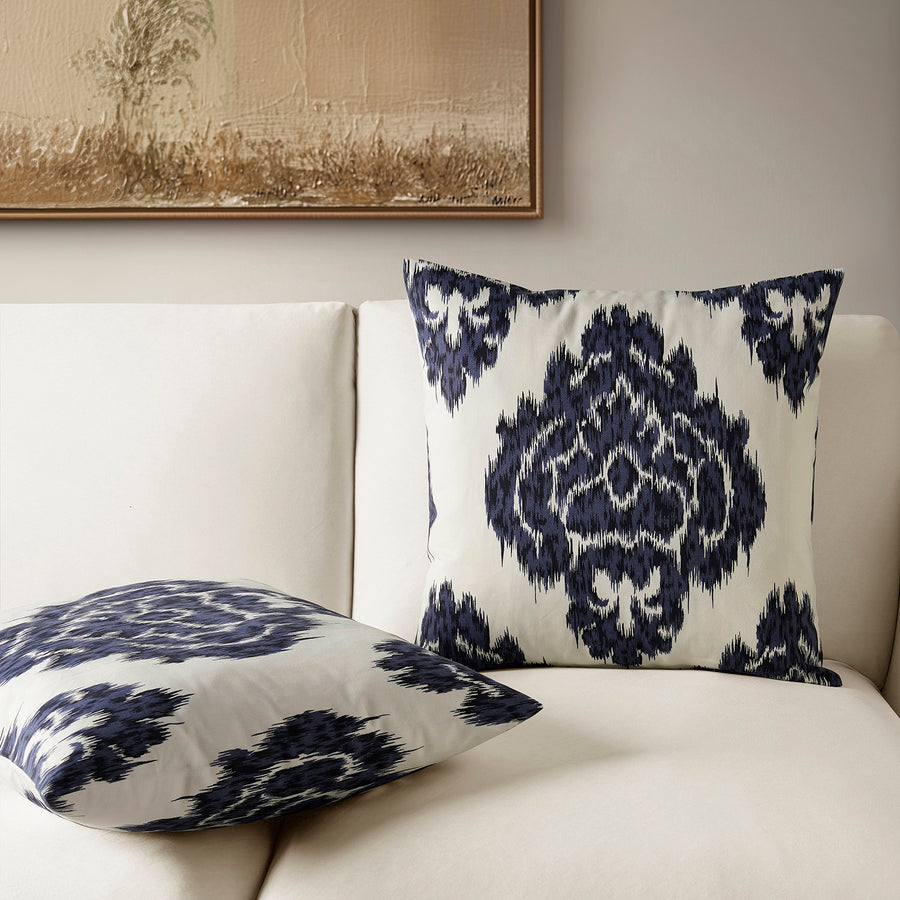 Ikat Blue Emblem Printed Cotton Cushion Covers - Pair