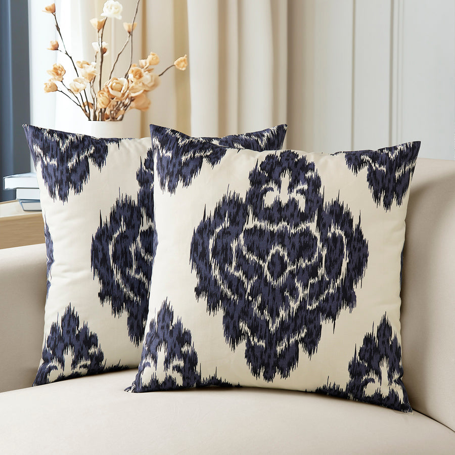 Ikat Blue Emblem Printed Cotton Cushion Covers - Pair