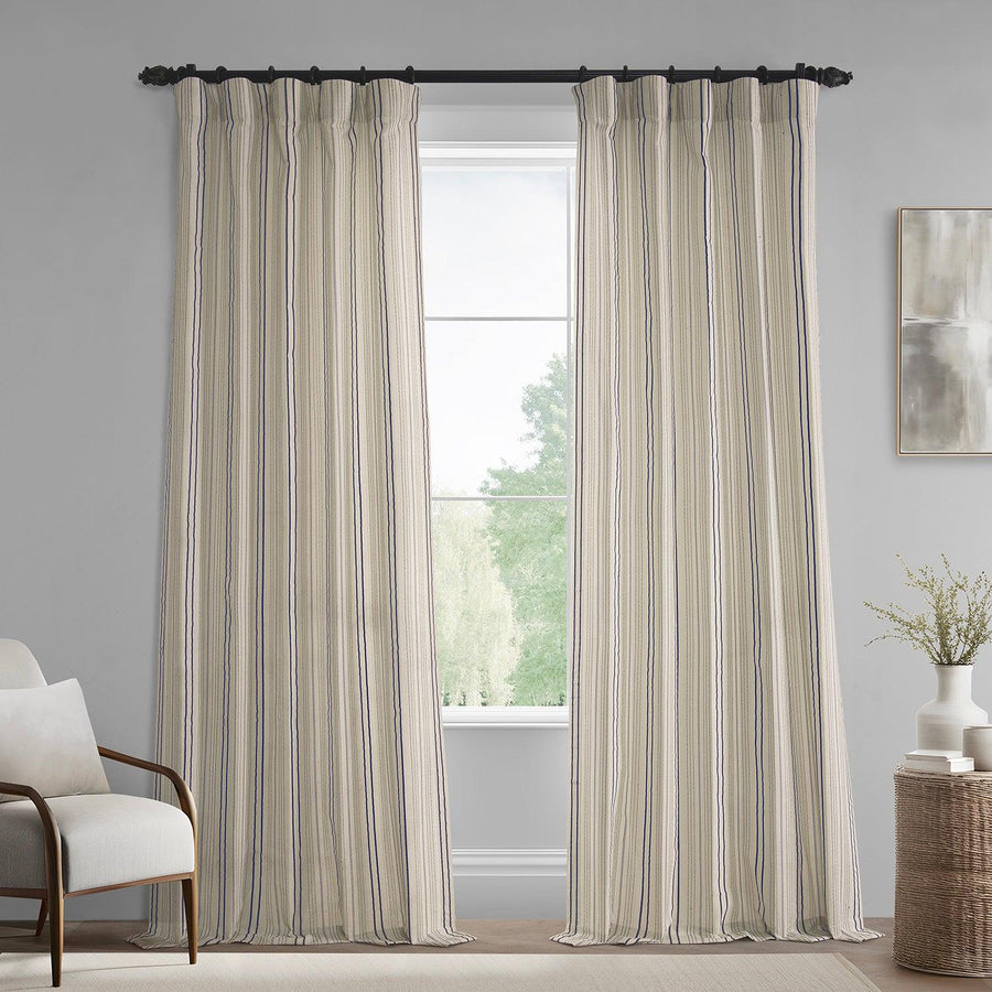 Seaside Striped Blue Linear Cotton Light Filtering Curtain Pair (2 Panels) - HalfPriceDrapes.com