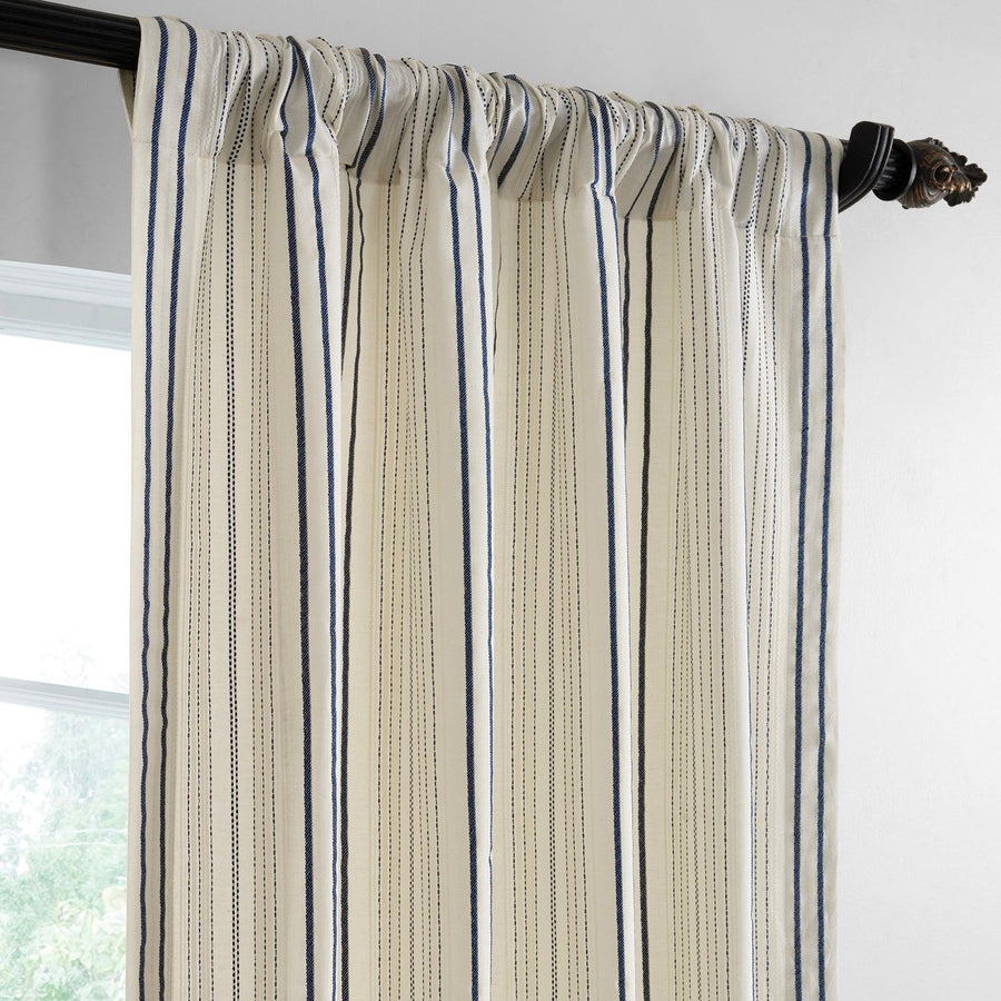 Seaside Striped Blue Linear Cotton Light Filtering Curtain Pair (2 Panels) - HalfPriceDrapes.com