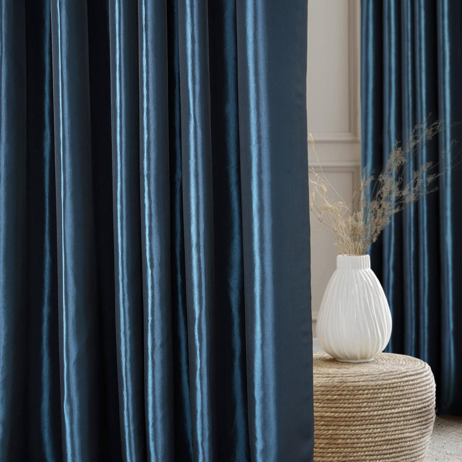 Navy Blue French Pleat Faux Silk Taffeta Blackout Curtain - HalfPriceDrapes.com