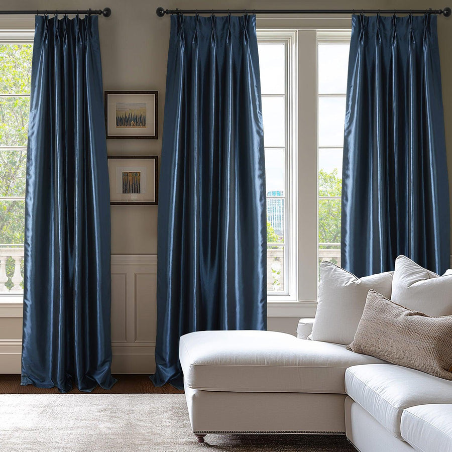 Navy Blue French Pleat Faux Silk Taffeta Blackout Curtain - HalfPriceDrapes.com