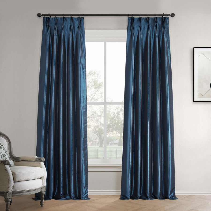 Navy Blue French Pleat Faux Silk Taffeta Blackout Curtain - HalfPriceDrapes.com