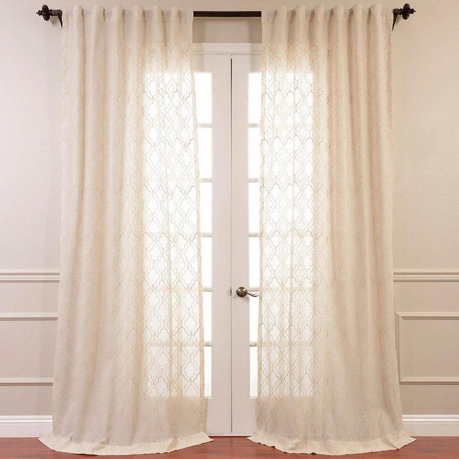 Saida Natural Geometric Embroidered Patterned Faux Linen Sheer Custom Curtain