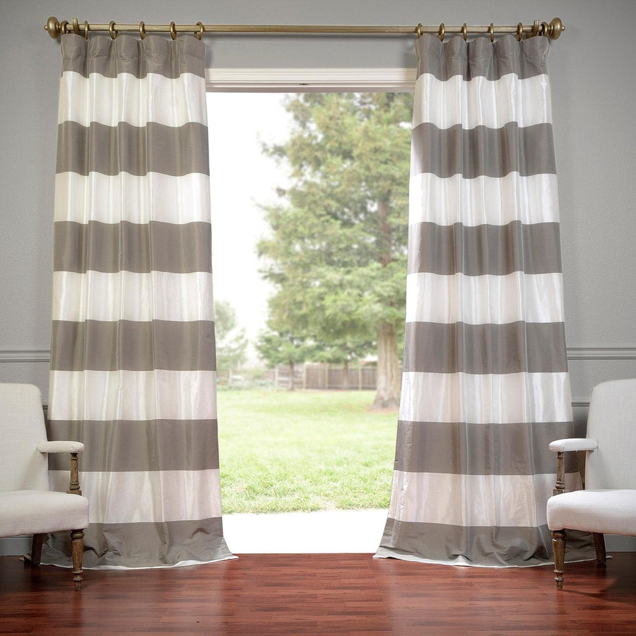 Thunder Tan & Off White Horizontal Striped Striped Printed Cotton Custom Curtain