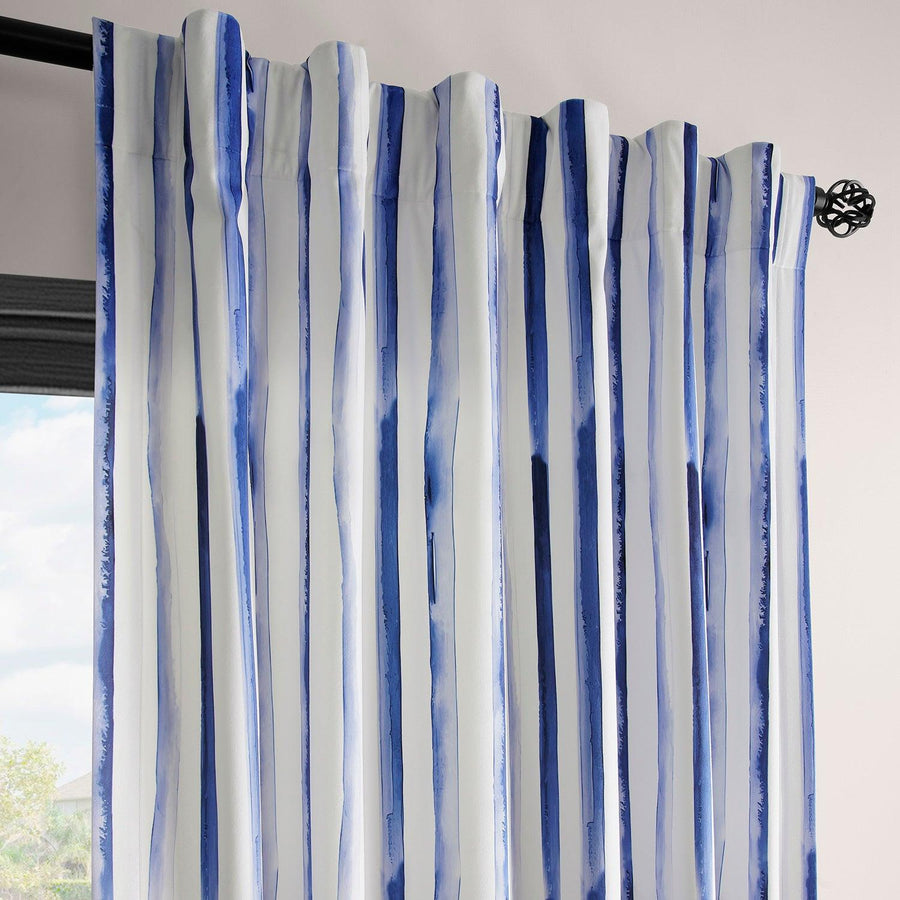 Waves Vertical Blue Striped Barcelona Velvet Room Darkening Curtain