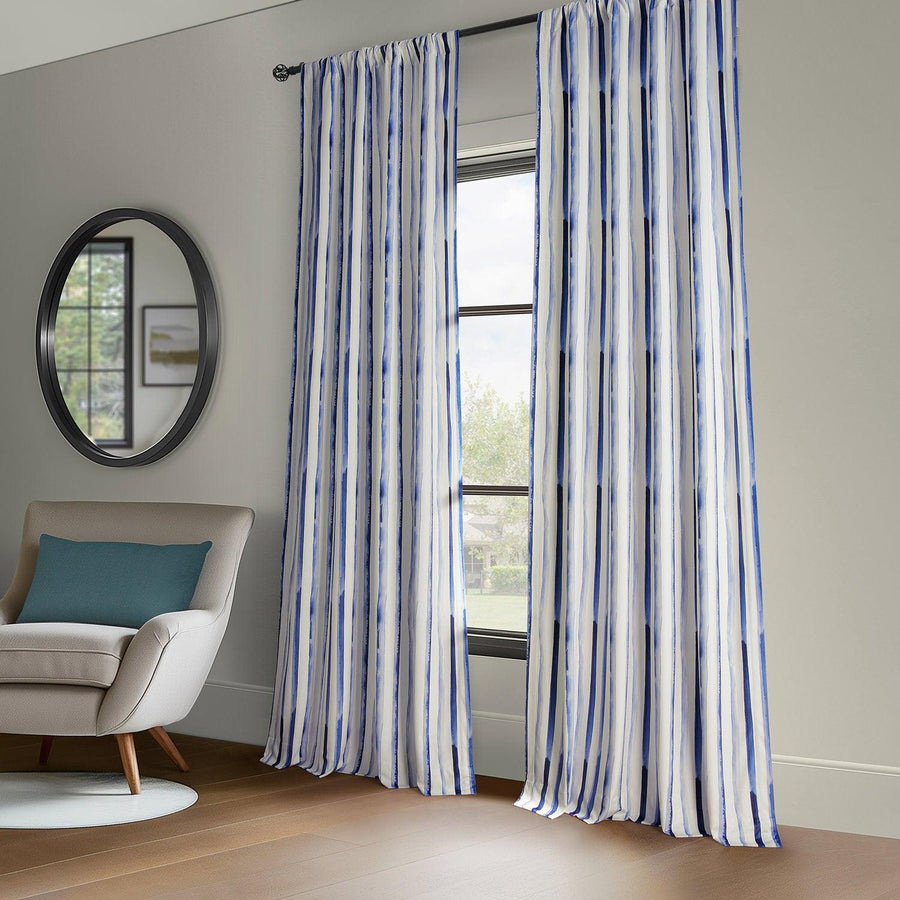 Waves Vertical Blue Striped Barcelona Velvet Room Darkening Curtain