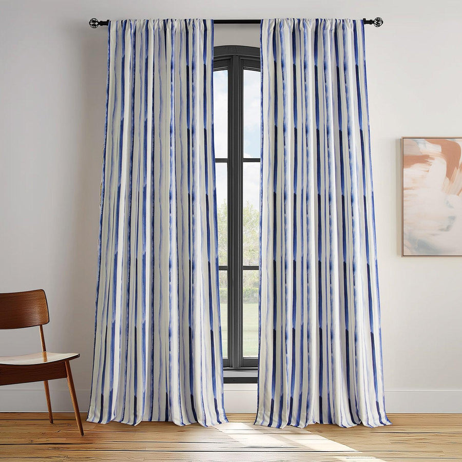 Waves Vertical Blue Striped Barcelona Velvet Room Darkening Curtain