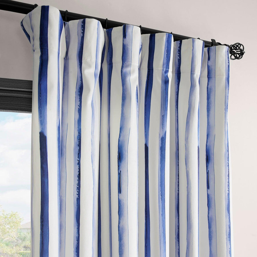 Waves Vertical Blue Striped Barcelona Velvet Room Darkening Curtain