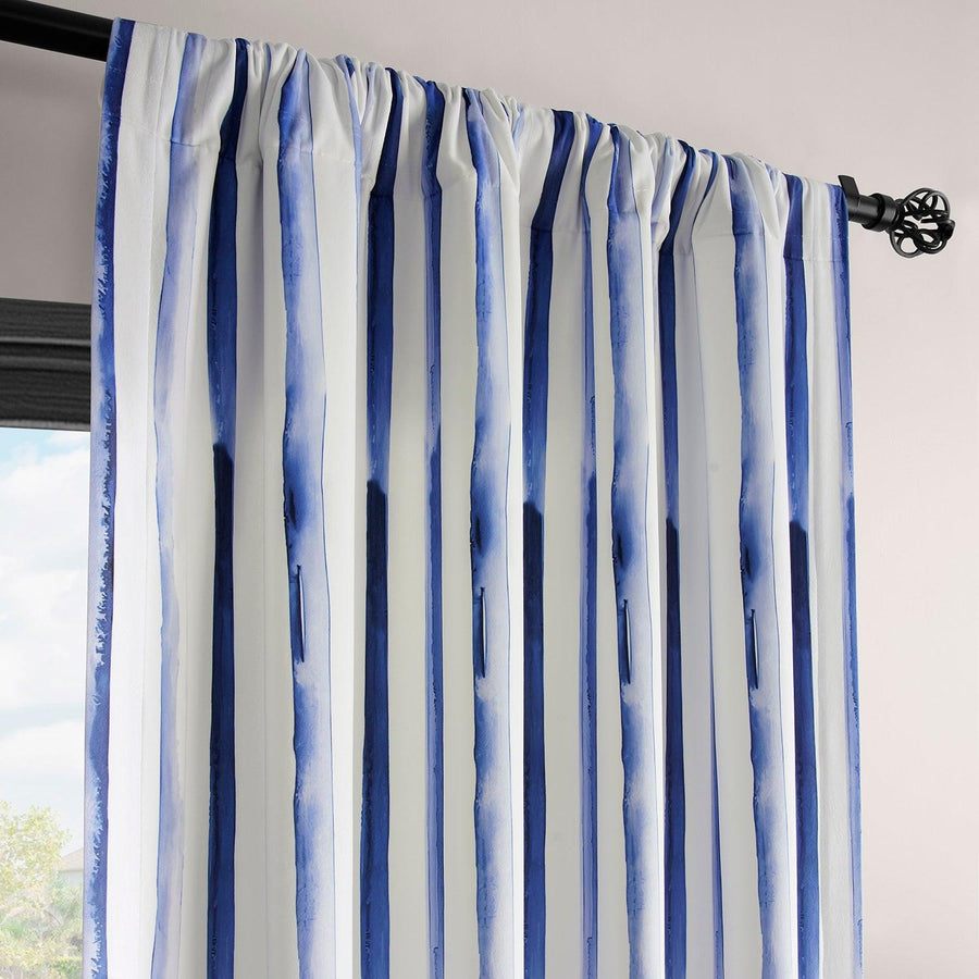 Waves Vertical Blue Striped Barcelona Velvet Room Darkening Curtain