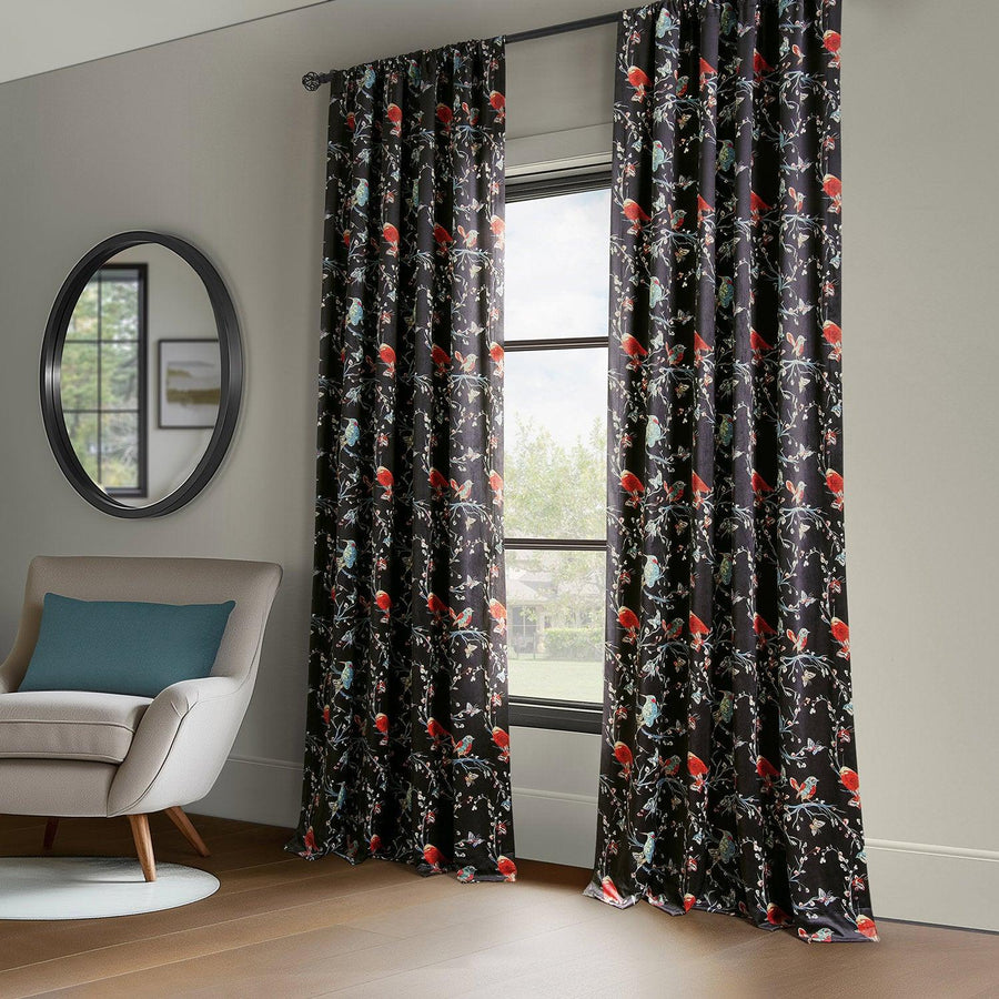 Botanic Garden Black Abstract Barcelona Velvet Room Darkening Curtain