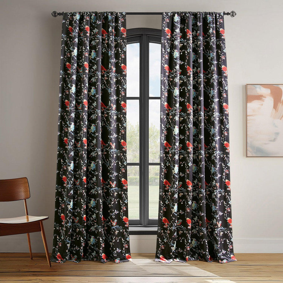 Botanic Garden Black Abstract Barcelona Velvet Room Darkening Curtain