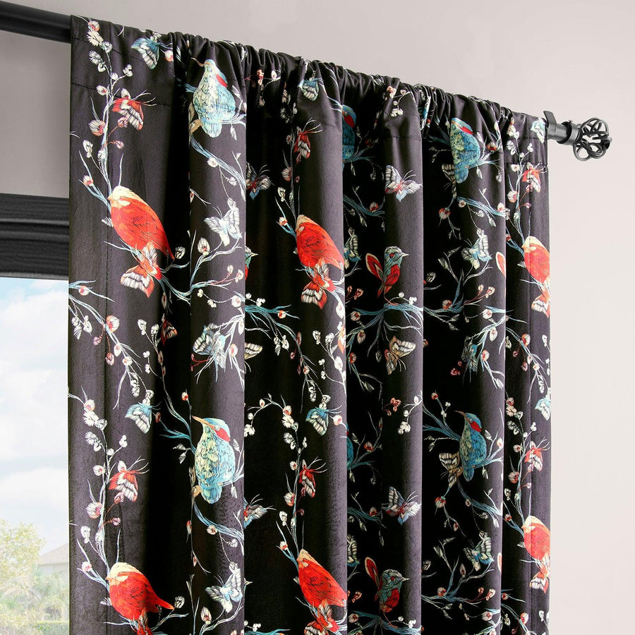 Botanic Garden Black Abstract Barcelona Velvet Room Darkening Curtain