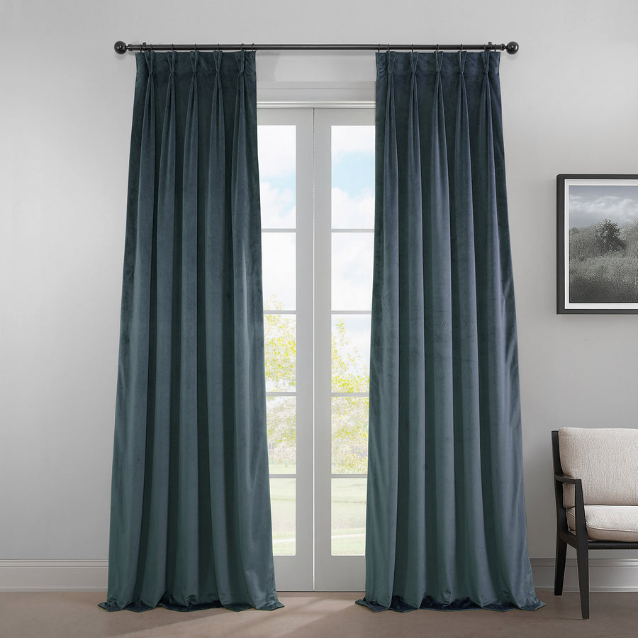 London Blue French Pleat Heritage Plush Velvet Room Darkening Curtain