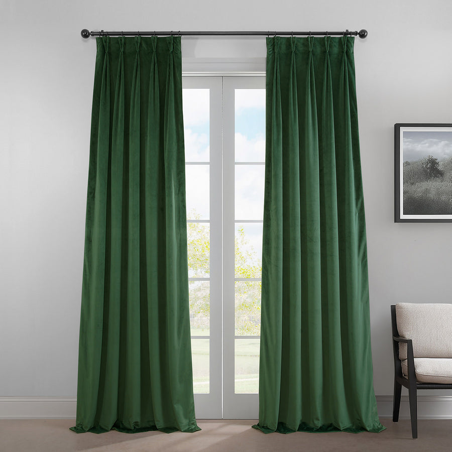 Eden Green French Pleat Heritage Plush Velvet Room Darkening Curtain