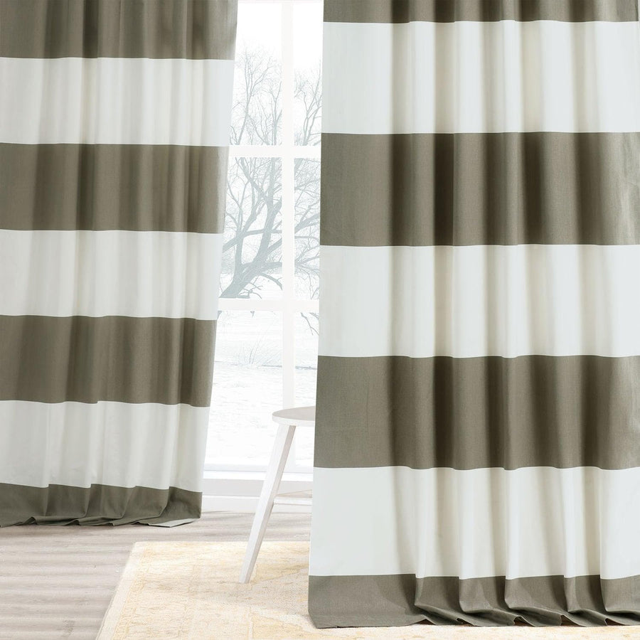 Thunder Tan & Off White Horizontal Striped Printed Cotton Curtain - HalfPriceDrapes.com