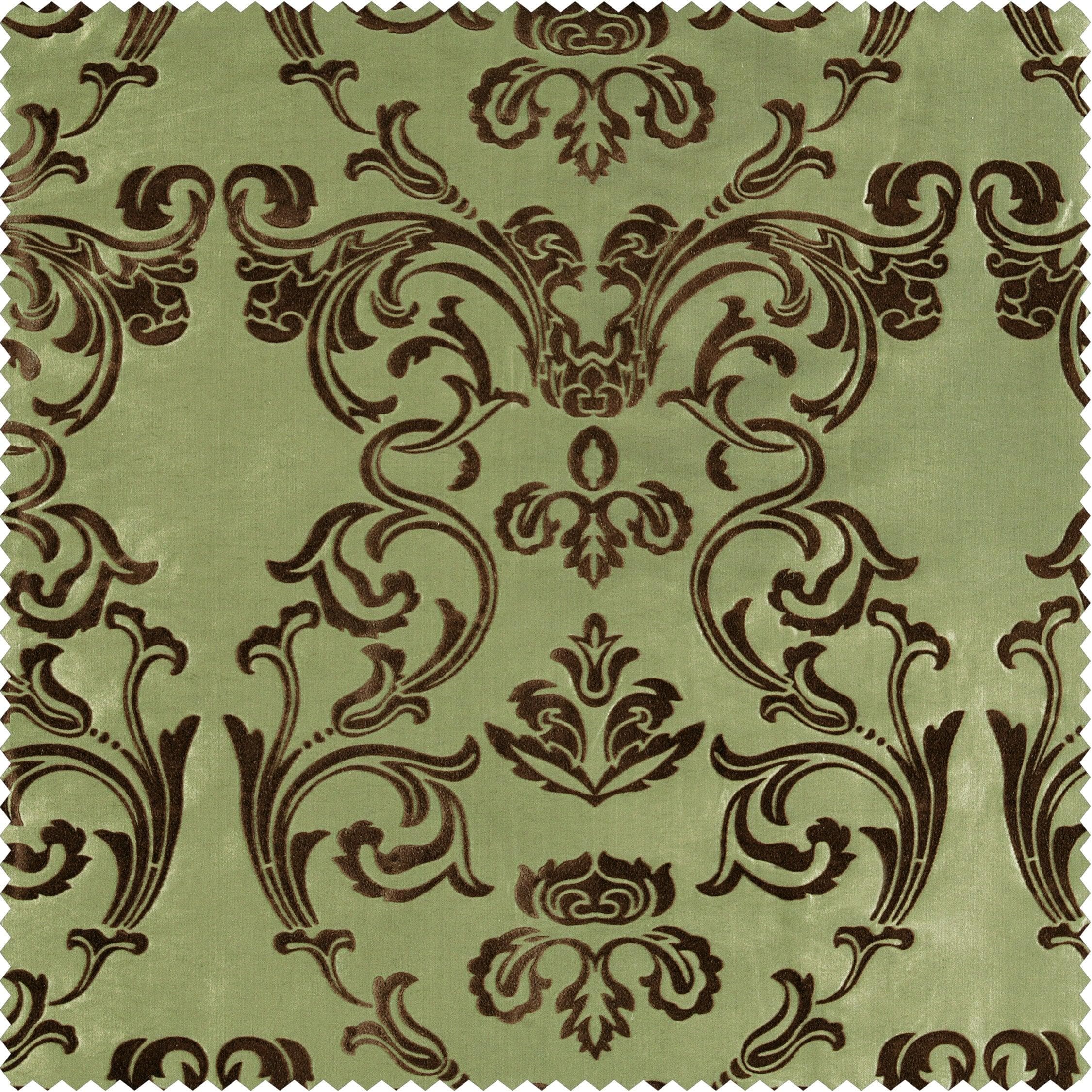 Firenze Green & Brown Damask Designer Flocked Room Darkening Curtain