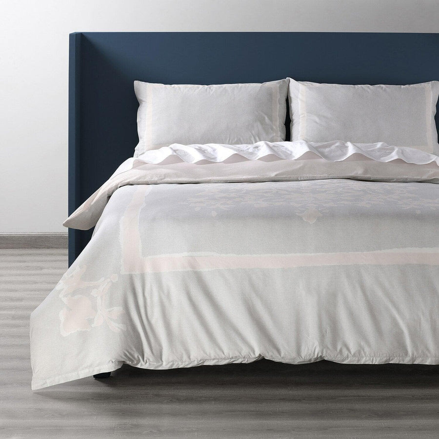 Villa Grey And Tan Cotton Percale Printed Reversible Duvet Cover Swatch - HalfPriceDrapes.com